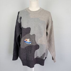 YWFG Sailboat Embroidered Knit Sweater Gray Sz L Unisex Nautical Art to Wear